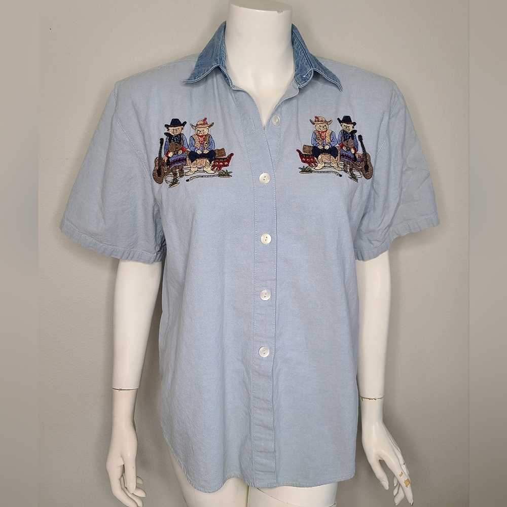 Vintage Feolane Bear Embroidered Denim Shirt